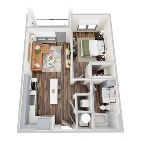 Floor plan for 1 bed, 1 bath, 664 sqft